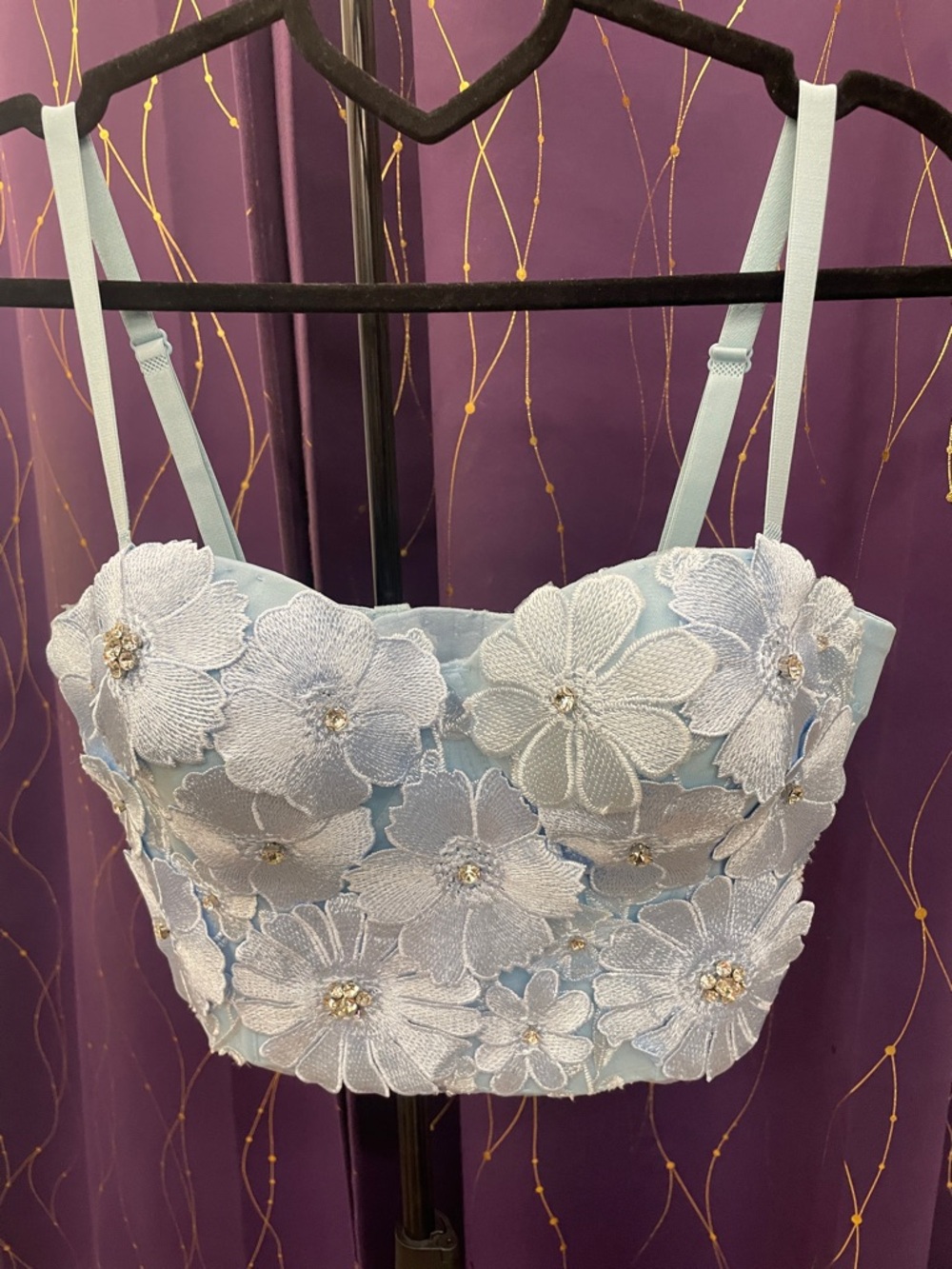 Delicate Light Blue Floral Lace Crop Bralette